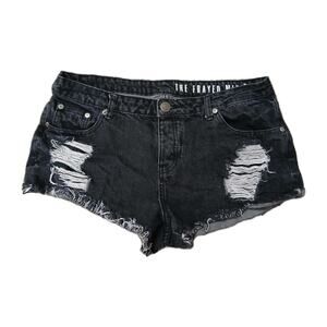 The Frayed Mid Rise Black Distressed Denim Shorts Women’s Size 10 Raw Hem Button